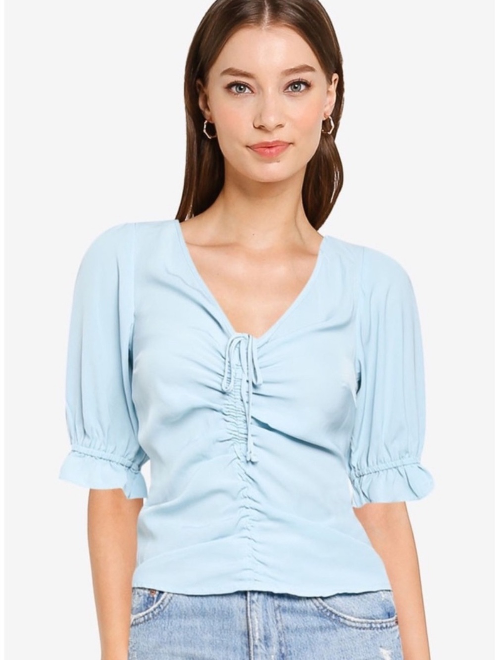 Abercrombie & Fitch Light Blue Ruched V-Neck Puff Sleeve Top